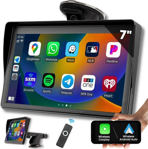 Pantalla Coche Carplay y Android Auto Inalambrico de 7 Pulgadas, Pantalla para Coche IPS HD Sin Instalación, Admite Cámara Trasera/Bluetooth/SIRI/Asistencia de Voz/USB/TF/FM/AUX