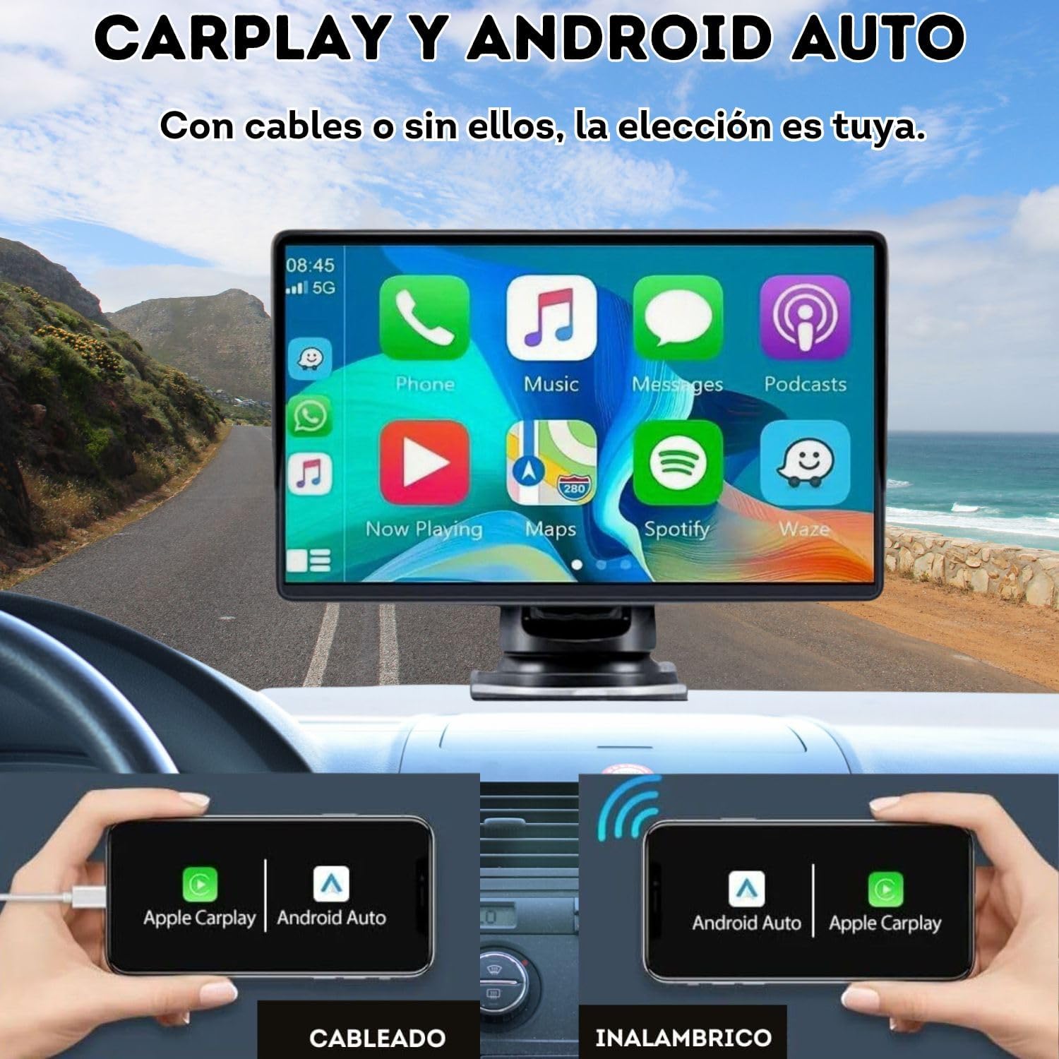 Pantalla Coche Carplay y Android Auto Inalámbrico de 9 Pulgadas, Pantalla para Coche IPS HD Sin Instalación