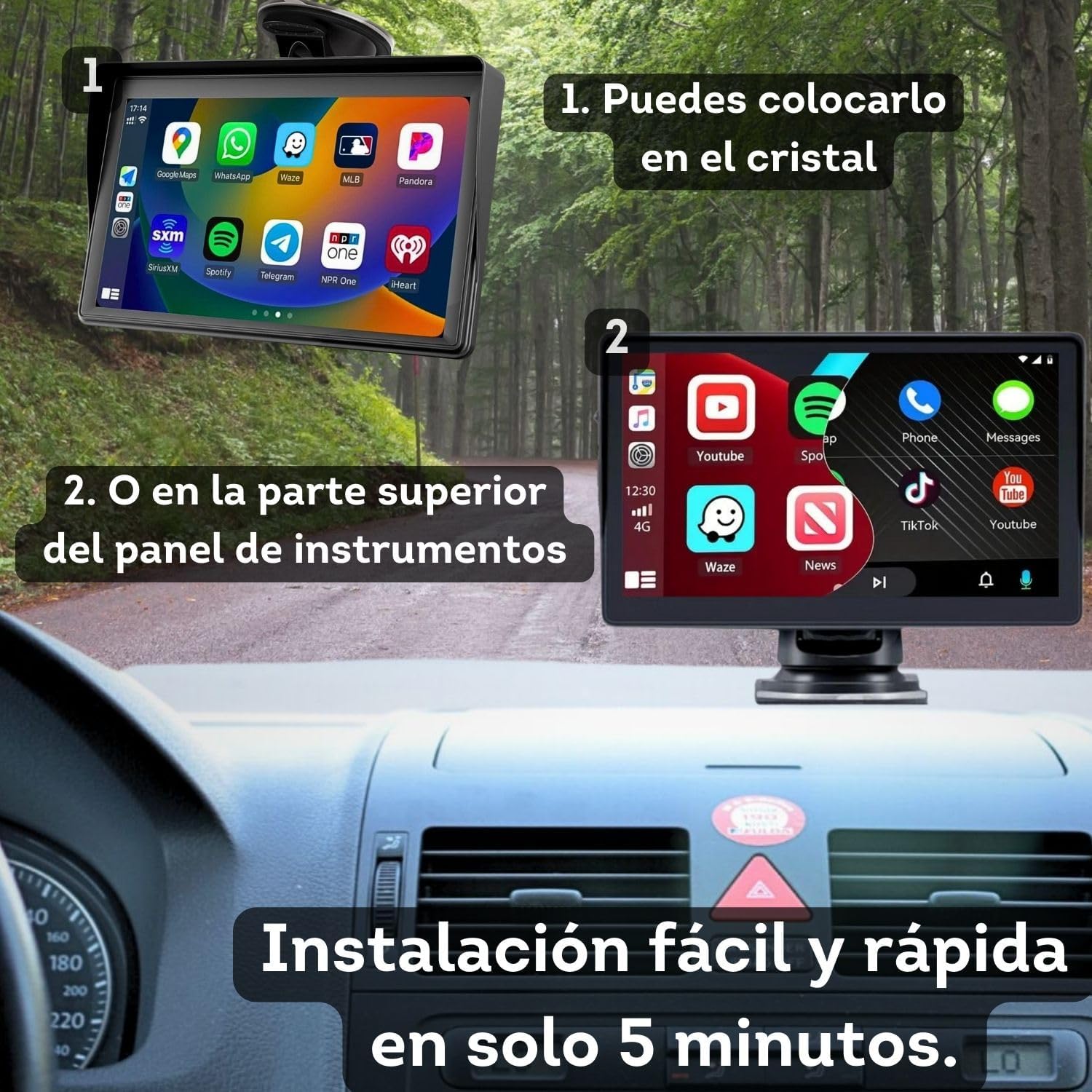 Pantalla Coche Carplay y Android Auto Inalambrico de 7 Pulgadas, Pantalla para Coche IPS HD Sin Instalación, Admite Cámara Trasera/Bluetooth/SIRI/Asistencia de Voz/USB/TF/FM/AUX