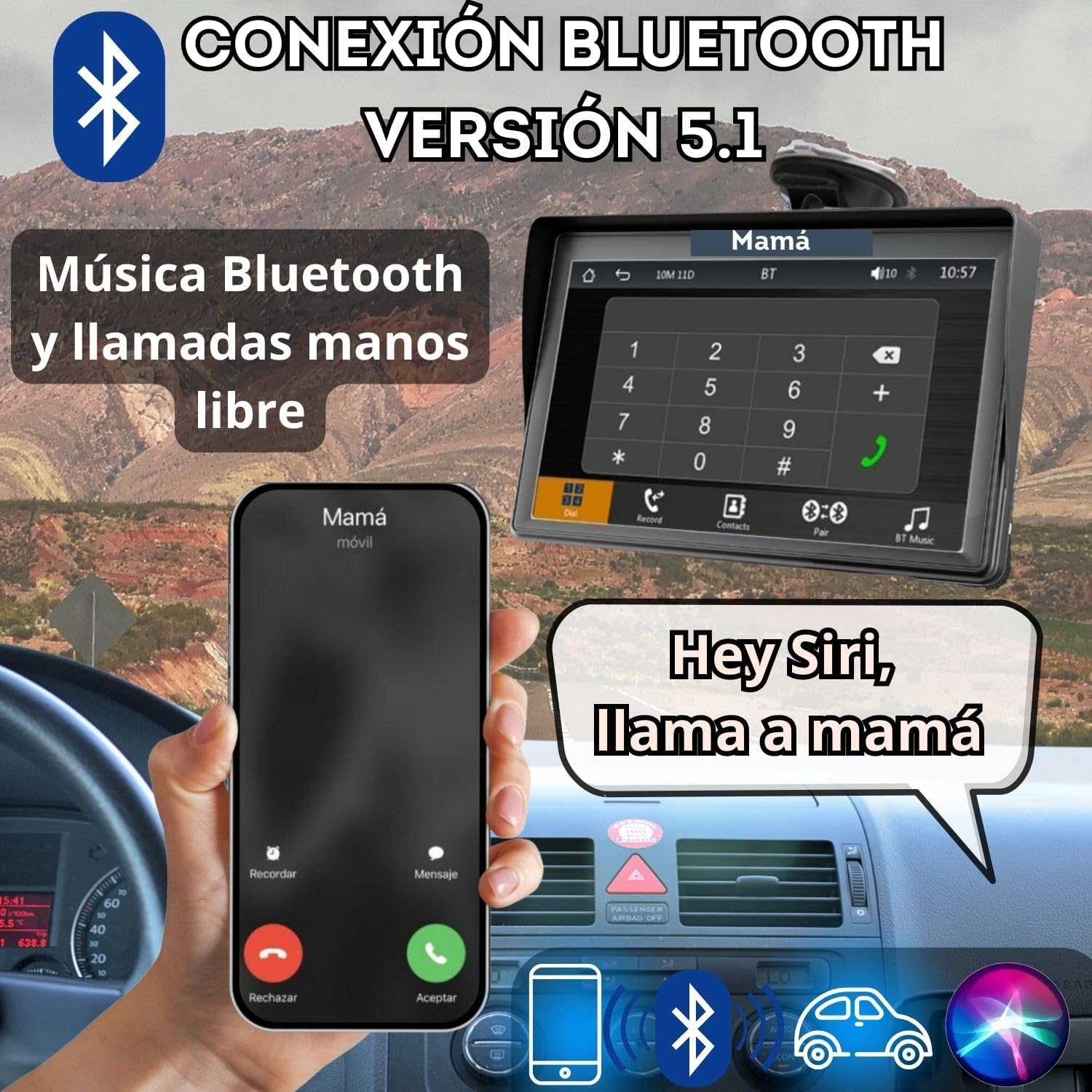 Pantalla Coche Carplay y Android Auto Inalambrico de 7 Pulgadas, Pantalla para Coche IPS HD Sin Instalación, Admite Cámara Trasera/Bluetooth/SIRI/Asistencia de Voz/USB/TF/FM/AUX