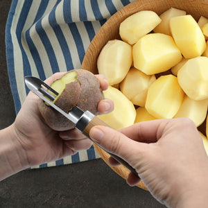 Pelador Patatas, Pelador Verduras en acero inoxidable con mango antideslizante imitación madera