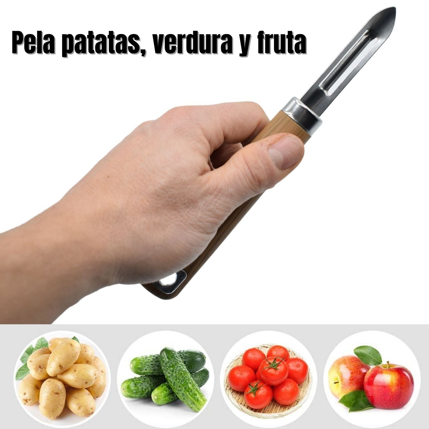 Pelador Patatas, Pelador Verduras en acero inoxidable con mango antideslizante imitación madera